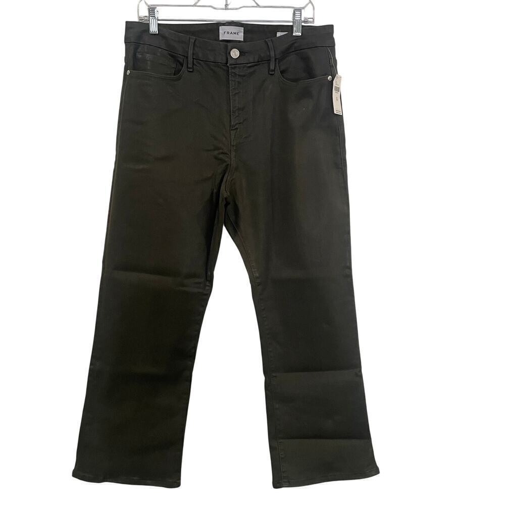 NWT Anthropologie Frame Le Crop Mini Boot Olive Green Coated Denim Jeans Size 33 - Picture 2 of 7